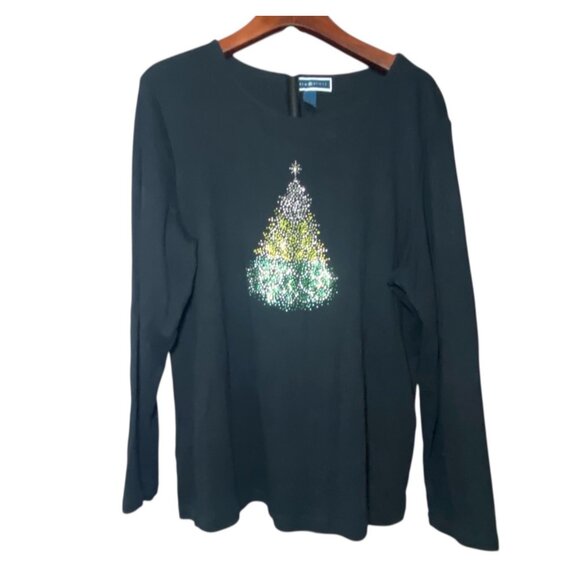 Karen Scott Black Long Sleeve Top With Rhinestone Christmas Tree Design Size XL - Picture 2 of 8